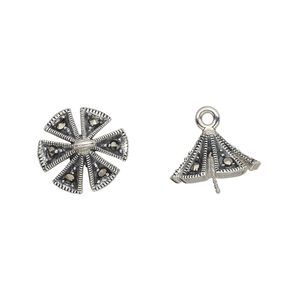 Cup, marcasite (natural) and antiqued sterling silver, 13x13mm triangle with 0.8mm twisted peg, fits 10-12mm bead. Sold individually.