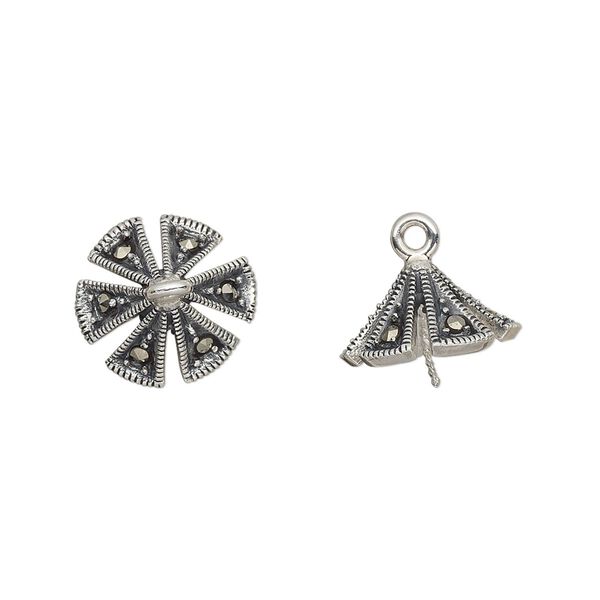 Cup, marcasite (natural) and antiqued sterling silver, 13x13mm triangle with 0.8mm twisted peg, fits 10-12mm bead. Sold individually. image number 0