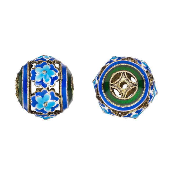 Bead, antique gold-finished brass and enamel, blue / green / dark blue, 20mm round with cutout flower and 2-2.5mm hole. Sold individually. image number 0