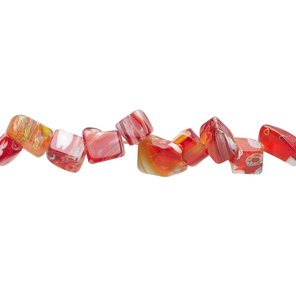 Bead, millefiori glass, translucent red and multicolored, small chip. Sold per 33-inch strand. image number 0