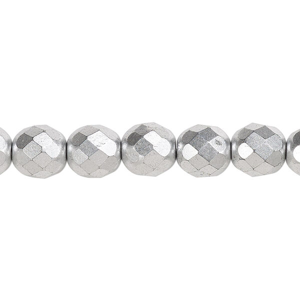 Bead, Czech fire-polished glass, opaque satin silver, 8mm faceted round. Sold per 15-1/2" to 16" strand, approximately 50 beads. image number 0