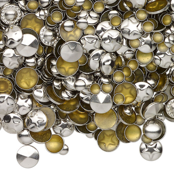 Rhinestud mix, silver-finished brass, 3-6mm hotfix domed mixed shapes. Sold per 50-gram pkg. image number 0