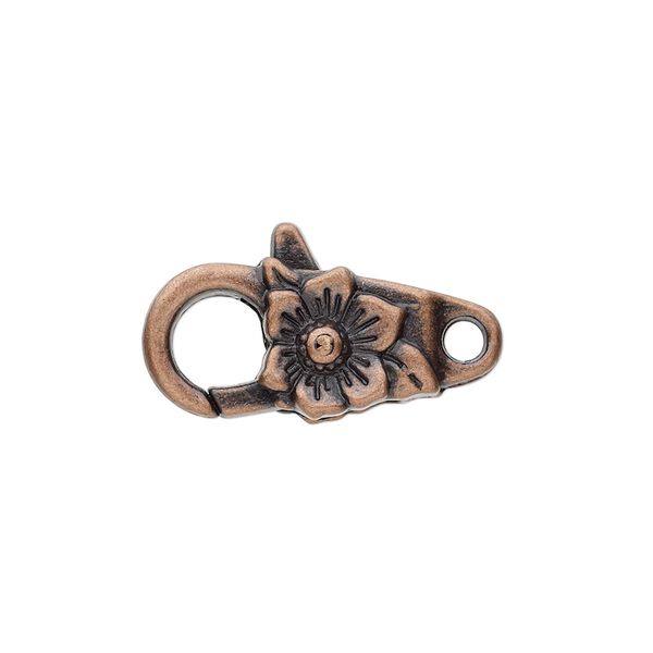 Clasp, lobster claw, antique copper-plated "pewter" (zinc-based alloy), 24x10.5mm with double-sided flower design. Sold per pkg of 6. image number 0
