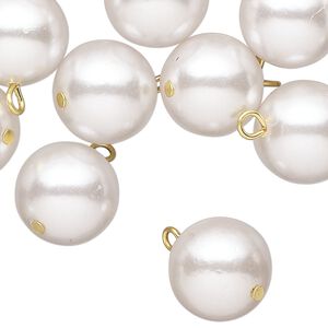Drop, acrylic, light silver pearl, gold-finished brass, 14mm round. Sold per pkg of 100.