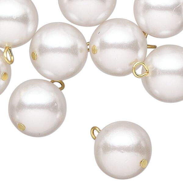 Drop, acrylic, light silver pearl, gold-finished brass, 14mm round. Sold per pkg of 100. image number 0