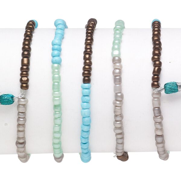Bracelet mix, stretch, glass, dark brown / turquoise blue / multicolored, #6 round with 45mm tassel, 7-1/2 inches. Sold per pkg of 5. image number 0