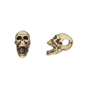 Bead, pewter (tin-based alloy), pkg/1, antique gold plate, 14x10mm skull.