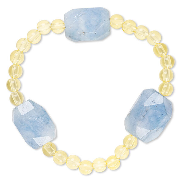 Bracelet, stretch, quartz (dyed) and acrylic, yellow and blue, 5mm round and medium to large faceted nugget, 7 inches. Sold individually. image number 0