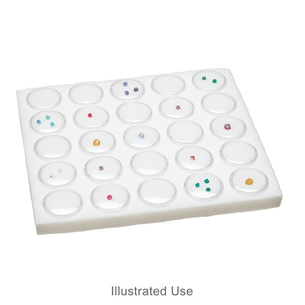 Display insert, faceted gems, foam and acrylic, white and clear, 7-3/4 x 6-3/4 x 3/4 inches with (25) 1-1/4 x 3/4 inch reclosable vials, fits standard half tray. Sold individually. image number 1