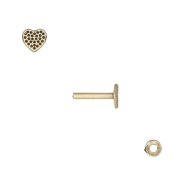 Washer and brad, antiqued brass, 4x0.7mm and 11x6mm with 6x5.5mm heart with dot design and 1.5mm post diameter. Sold per pkg of (2) 2-piece sets. image number 0