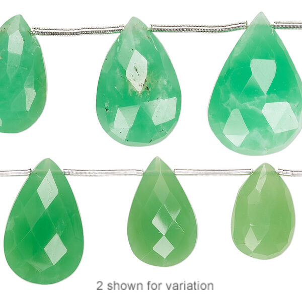 Bead, chrysoprase (natural), 12x8mm-18x13mm hand-cut top-drilled faceted puffed teardrop, B+ grade, Mohs hardness 6-1/2 to 7. Sold per 4-inch strand, approximately 7 beads. image number 0