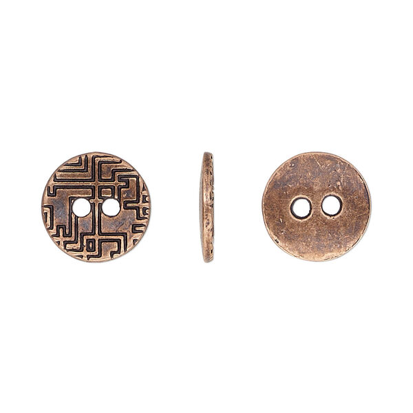 Button, antiqued copper-finished "pewter" (zinc-based alloy), 12mm single-sided flat round with geometric design. Sold per pkg of 50. image number 0