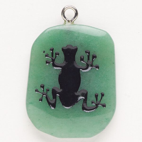 Focal, steel/green aventurine (natural)/enamel, pkg/1, silver finish and black, 30x24mm-39x27mm single-sided puffed freeform with frog, B grade. image number 0