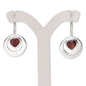 Earring, garnet (natural) and sterling silver, 29mm with 7x7mm faceted teardrop and fishhook ear wire. Sold per pair.