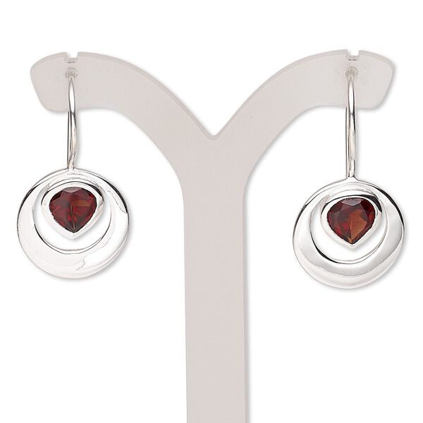 Earring, garnet (natural) and sterling silver, 29mm with 7x7mm faceted teardrop and fishhook ear wire. Sold per pair. image number 0