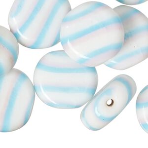 Bead, lampworked glass, opaque sky blue / pink / white, 17mm flat round. Sold per pkg of 10.
