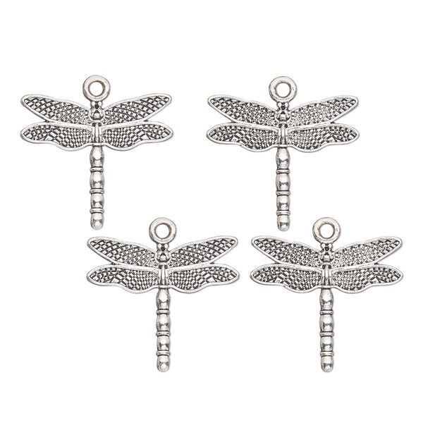 Charm, antique silver-finished "pewter" (zinc-based alloy) , 21x18mm double-sided dragonfly. Sold per pkg of 4. image number 0