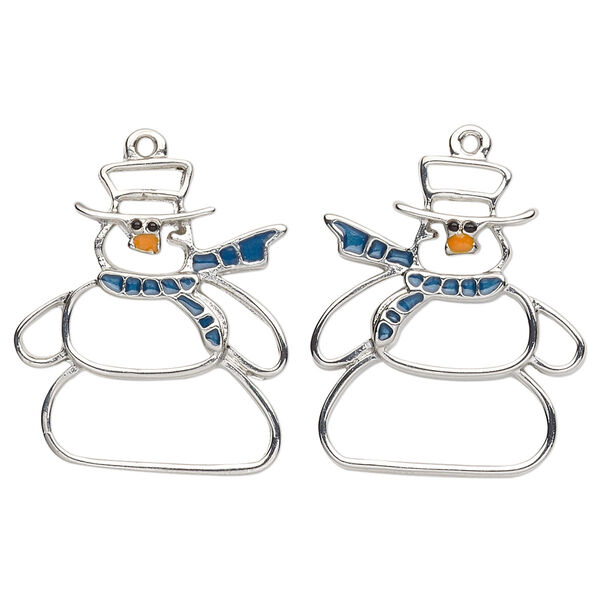 Charm, enamel and imitation rhodium-plated "pewter" (zinc-based alloy), blue / orange / black, 25x21mm left- and right-facing single-sided cutout snowman. Sold per pkg of 2. image number 0