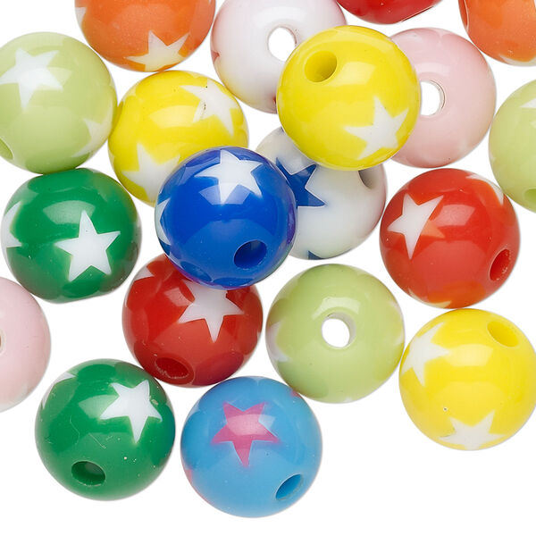 Bead mix, resin, mixed colors, 11mm round with star design. Sold per pkg of 20. image number 0