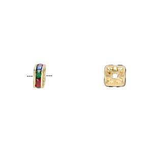 Bead, gold-finished brass and glass rhinestone, multicolored dark, 6x3mm squaredelle. Sold per pkg of 10.
