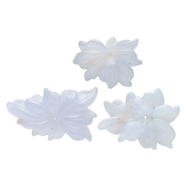 Focal mix, blue lace agate (natural), 32x28mm-62x42mm carved flower, B grade, Mohs hardness 6-1/2 to 7. Sold per pkg of 3. image number 0