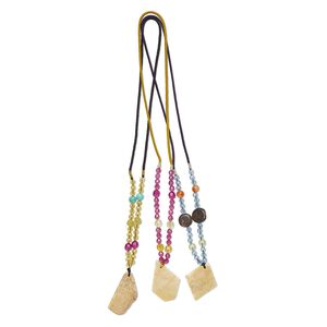 Multi-gemstone / acrylic / glass 1pkg3, mixed shape pendant necklace mix continuous loop 20-24 inch 40x32mm-50x35mm