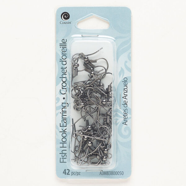 Ear wire, steel, pkg/21 pairs, gunmetal finish, 18mm fishhook with open loop with 3mm ball and 4mm coil. image number 0