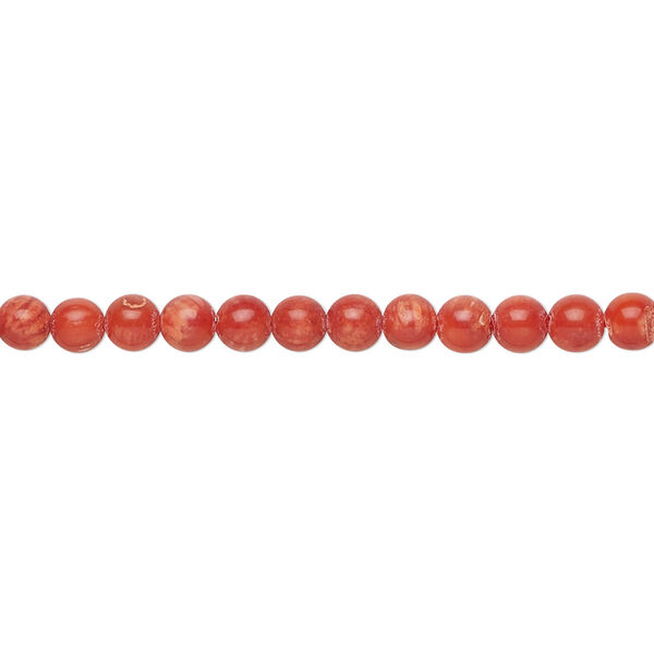 Bead, bamboo coral (dyed), red, 4.5-5mm hand-cut round, B grade, Mohs hardness 3-1/2 to 4. Sold per 15-1/2" to 16" strand. image number 0