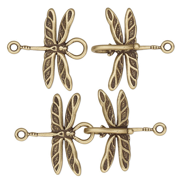 Clasp, JBB Findings, hook-and-eye, antiqued brass, 32x21.5mm dragonflies. Sold individually. image number 0