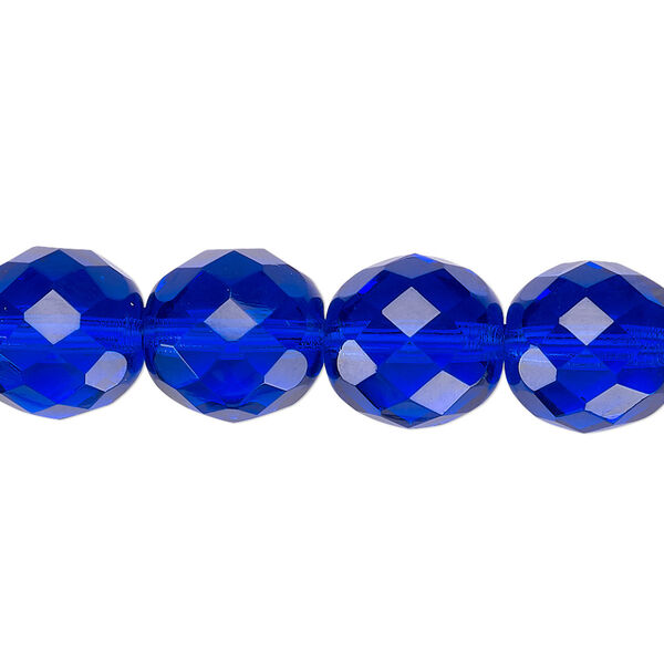 Bead, Czech fire-polished glass, pkg/15-1/2 to 16 inches, 12mm faceted round, transparent cobalt blue, (30080). image number 0