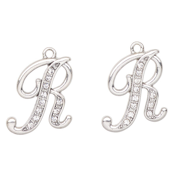 Charm, antique silver-finished "pewter" (zinc-based alloy) and glass, clear, 23x20mm letter "R". Sold per pkg of 2. image number 0