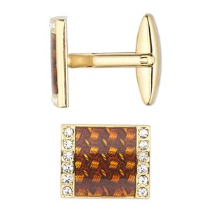 Cuff link, epoxy / Czech glass rhinestone / gold-plated brass, brown and clear, 18x15mm rectangle. Sold per pair.