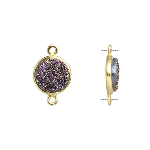 Link, titanium- / electro-coated druzy agate (coated) / gold-finished sterling silver, purple, 11mm hand-cut single-sided flat round. Sold individually. image number 0