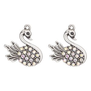 Charm, antique silver-finished "pewter" (zinc-based alloy) and glass, black and clear AB , 26x24mm single-sided swan. Sold per pkg of 2.