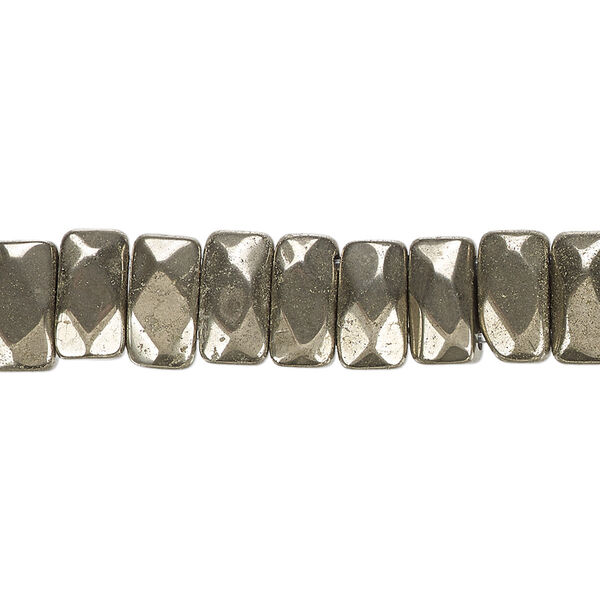 Bead, pyrite (stabilized), 9x5mm-10x6mm double-drilled faceted rectangle with 0.5-1.5mm holes, B grade, Mohs hardness 6. Sold per 8-inch strand, approximately 35 beads. image number 0