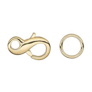 Clasp lobster claw 1pkg4 gold-plated, 21x11mm infinity / 12mm closed jump ring, brass 1-strand