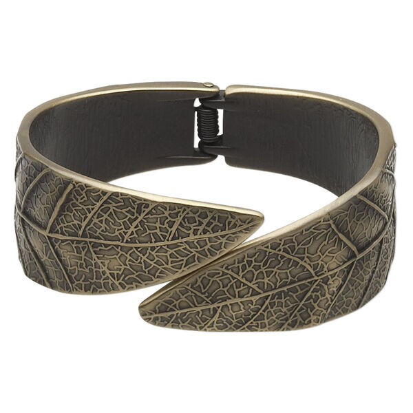 Bracelet, hinged bangle, antique gold-finished "pewter" (zinc-based alloy), 25mm wide with leaf design, 7 inches. Sold individually. image number 0