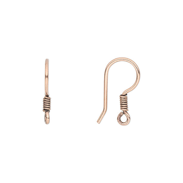 Ear wire, antique copper-plated copper, 16mm fishhook with open loop and coil, 20 gauge. Sold per pkg of 20 pairs. image number 0