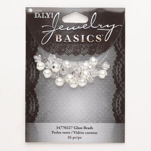 Drop assortment, steel / glass / acrylic, pkg/26, silver finish / clear / white, 6mm round and 6mm faceted bicone.