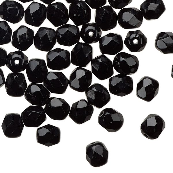 Bead 1pkg1 Czech fire-polished glass, 6mm faceted round, 1 mass opaque jet black image number 0
