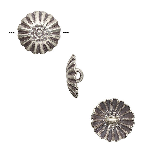 Button, Hill Tribes, antiqued sterling silver, 14mm corrugated domed round. Sold per pkg of 4. image number 0