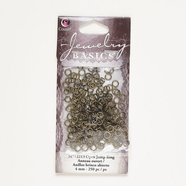 Jump ring, antique brass-finished steel, 4mm open round, 21 gauge, 2.6mm inside diameter. Sold per pkg of 250. image number 0