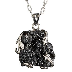 Necklace, electroplated druzy agate (coated) and imitation rhodium-plated brass, black, 30x20mm-38x28mm hand-cut wire-wrapped freeform, 20 inches with 2-1/2 inch extender chain and lobster claw clasp. Sold individually.