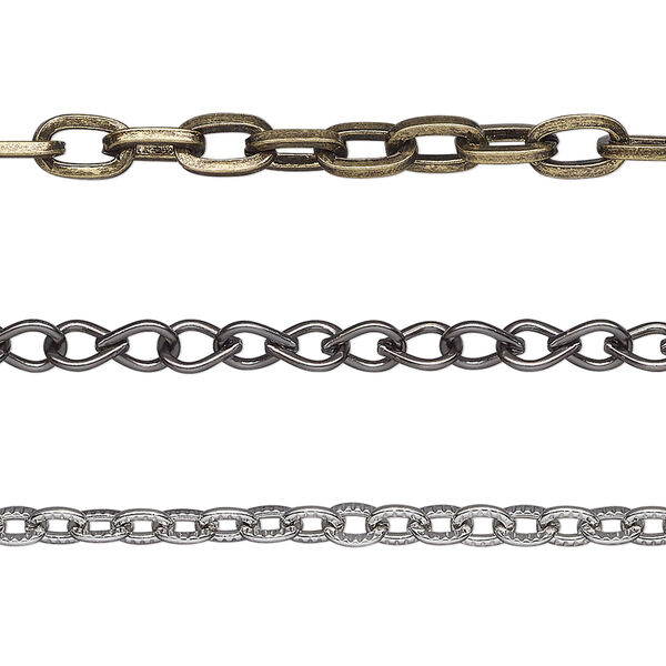 Chain mix, antique silver- / gold- / antique copper-finished steel, 2.1mm-5.1mm random mixed shapes. Sold per pkg of (3) 39-inch chains. image number 0