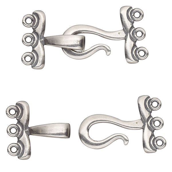 Clasp, JBB Findings, 3-strand hook-and-eye, antique silver-plated brass, 28x15mm. Sold individually. image number 0