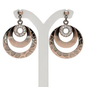 Earring, antique copper-plated steel / stainless steel / glass rhinestone, clear, 1-1/2 inch textured and smooth open round with post. Sold per pair.