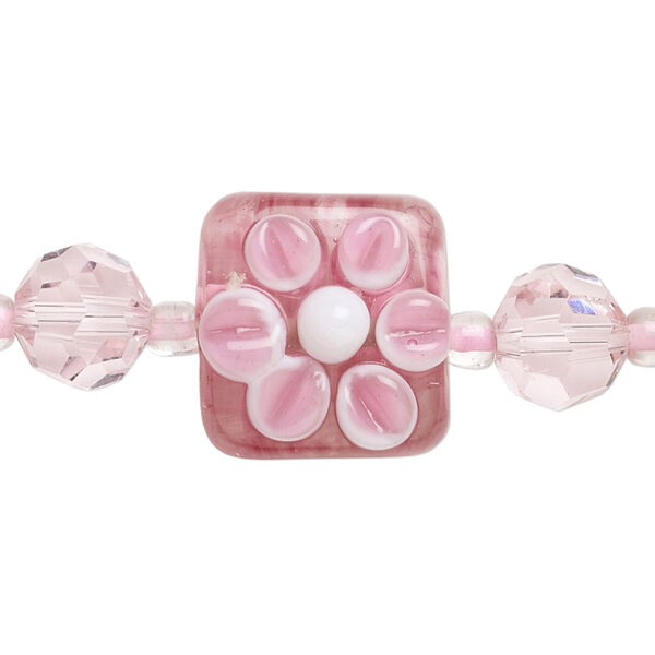 Bead, glass and lampworked glass, light pink/pink/white, 8mm faceted round and 17x17mm double-sided flat square with raised flower. Sold per 7-inch strand. image number 0