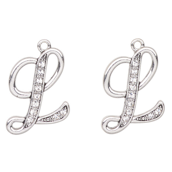Charm, antique silver-finished "pewter" (zinc-based alloy) and glass, clear, 25x19mm letter "L". Sold per pkg of 2. image number 0