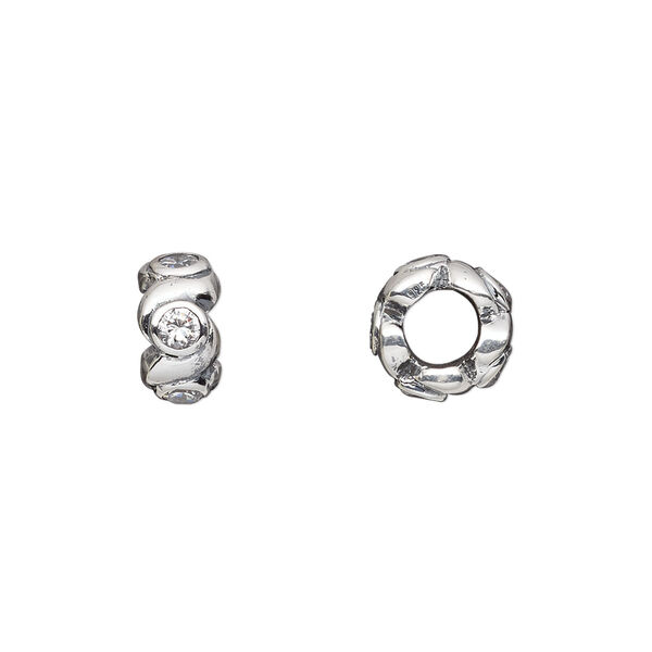 Bead, Dione®, sterling silver and cubic zirconia, clear, 10x5.5mm rondelle. Sold individually. image number 0