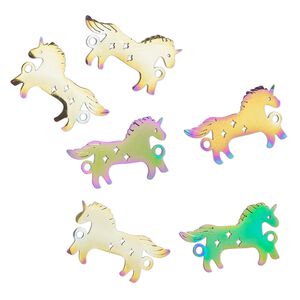 Link, electro-coated stainless steel, rainbow, 19x12mm double-sided unicorn. Sold per pkg of 6.
